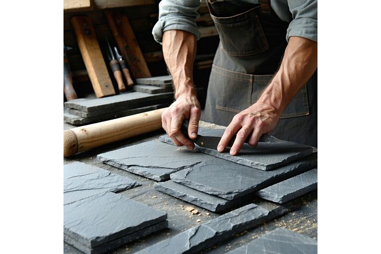 Craftsman preparing slate tiles in workshop
